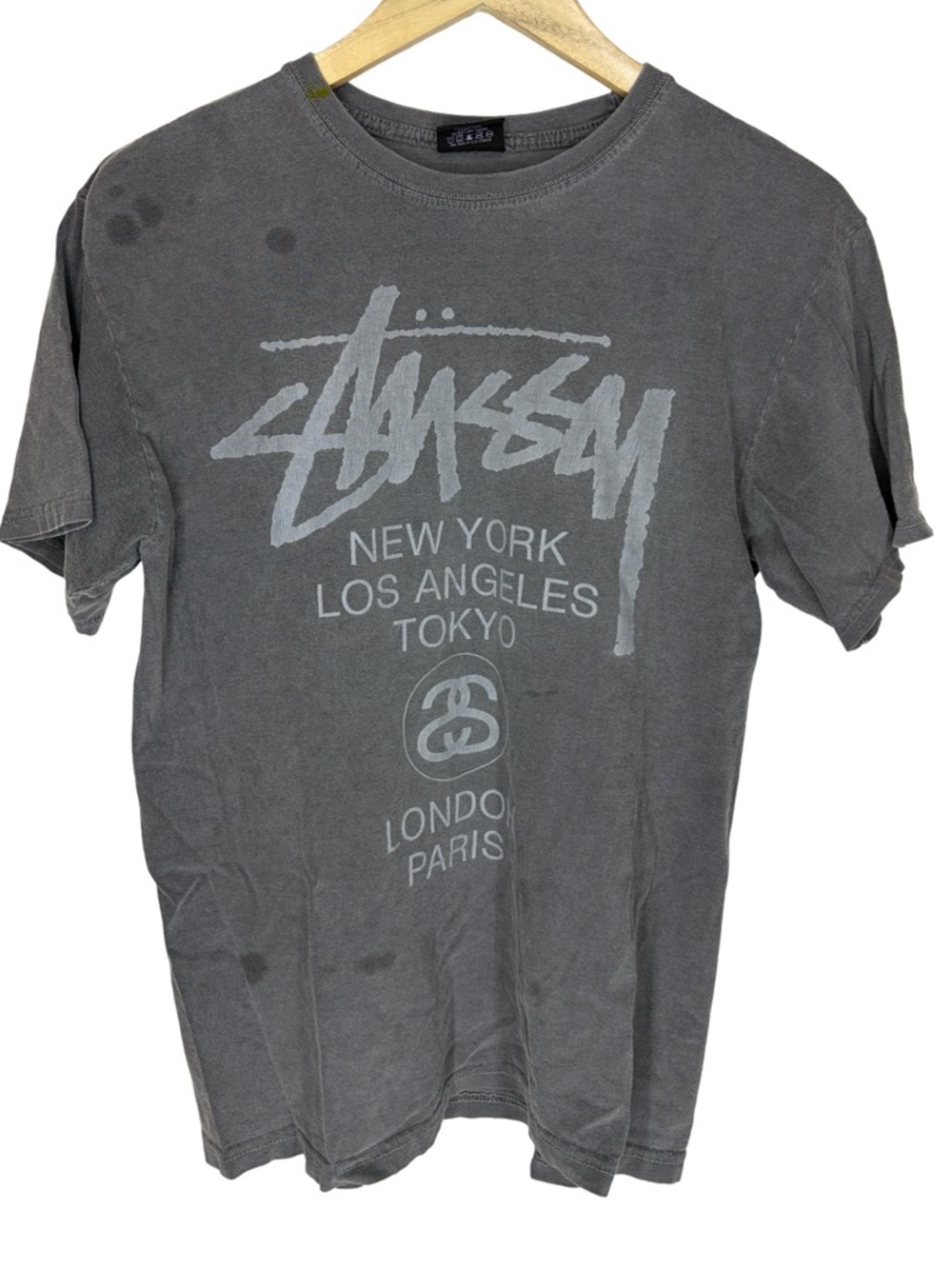 Stüssy World Tour Tee Gray Graphic Logo Tee men’s medium worn washed 038T